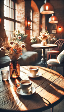 Sunlit Cafe Interior with Cozy Wooden Seating