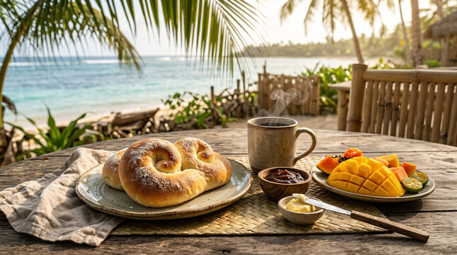 Tropical seaside breakfast with fresh bread, coffee, mango, papaya, butter, and fruit