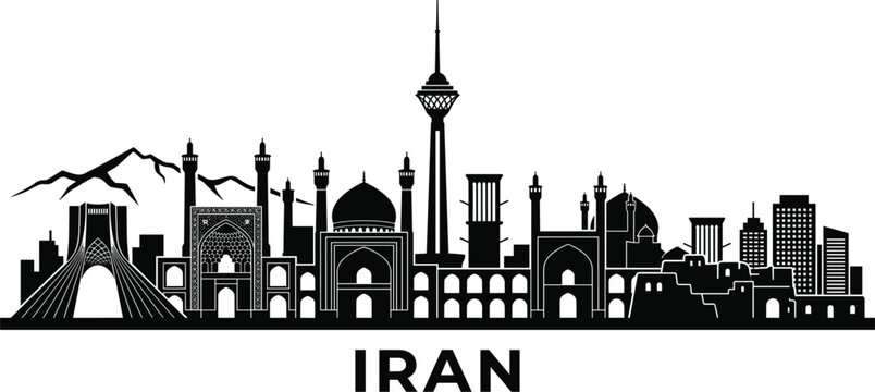 Iran famous landmark skyline silhouette illustration featuring historic Azadi tower Milad tower mosques and mountain landscape