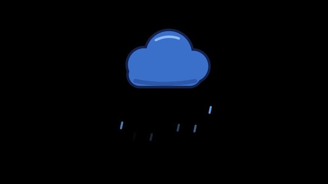 Animated rain cloud icon emitting falling raindrops on a black background loopable weather graphic for weather forecast UI and web design.