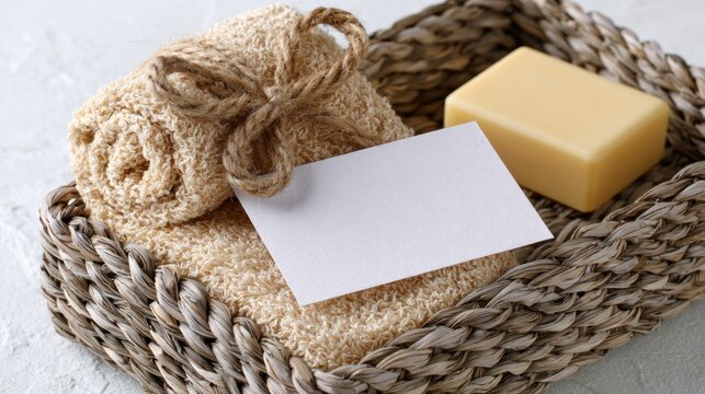 Spa bath set with blank card and soap in wicker basket