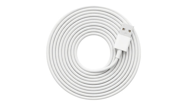 White USB charging cable tightly coiled into a neat circle with a standard connector plug visible. Photorealistic, top view, square orientation, ultra-high-resolution 8K, on a pure white background