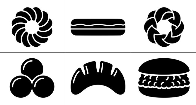 Bakery icons set with donut, eclair, pretzel, macarons, croissant