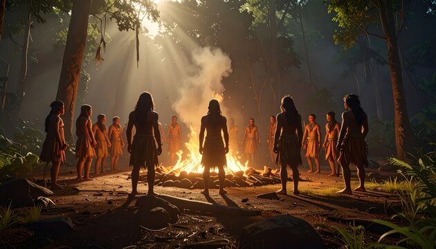 Tribal group gathered around a large forest bonfire night