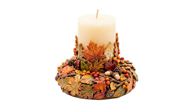 Autumn candle centerpiece &mdash; Photorealistic cohesive autumn candle centerpiece, single sculptural decor object combining a central candle form with integrated leaf relief around the base; front