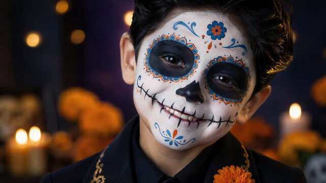 Child in sugar skull makeup posing in Halloween costume. Day of the Dead face painting and festive fashion. Halloween party, Mexican holiday tradition and fantasy character portrait.