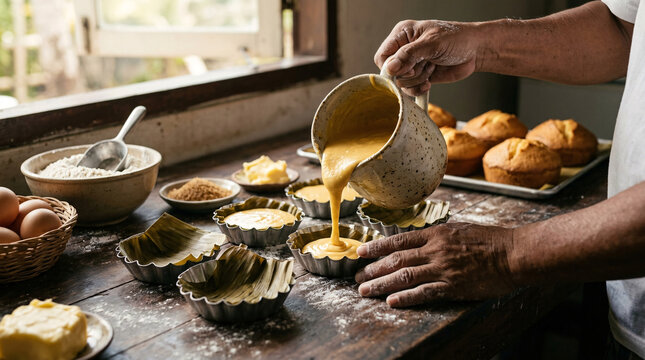 Baker pouring golden cake batter into individual fluted molds in a traditional kitchen