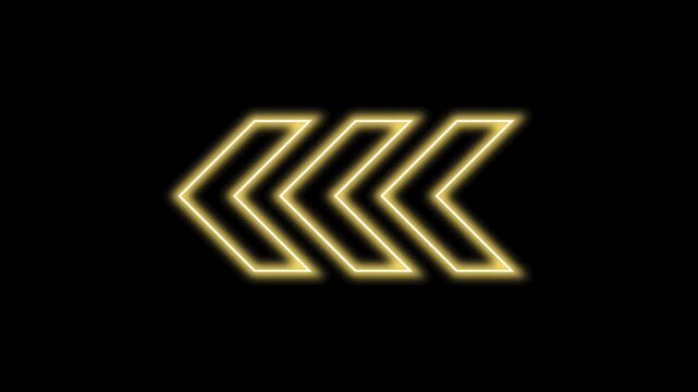 Glowing yellow neon double arrow pointing left isolated on black background digital interface for navigation and user experience motion asset for web