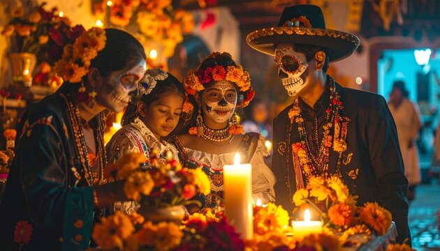 Mexican family celebrating day of the dead with traditional makeup