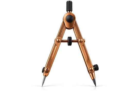 Bronze mathematical drafting compass tool for geometry drawing architecture measurement and precision design isolated on clean bright white background surface.