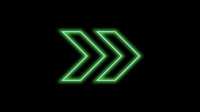Glowing neon green arrow right direction icon. Abstract neon flashing light back arrow loading animation. Seamless loop
