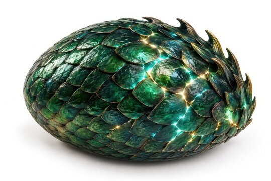 Fantasy dragon egg in shimmering emerald green with glowing accents, detailed scales and a textured surface for mythical lore projects.