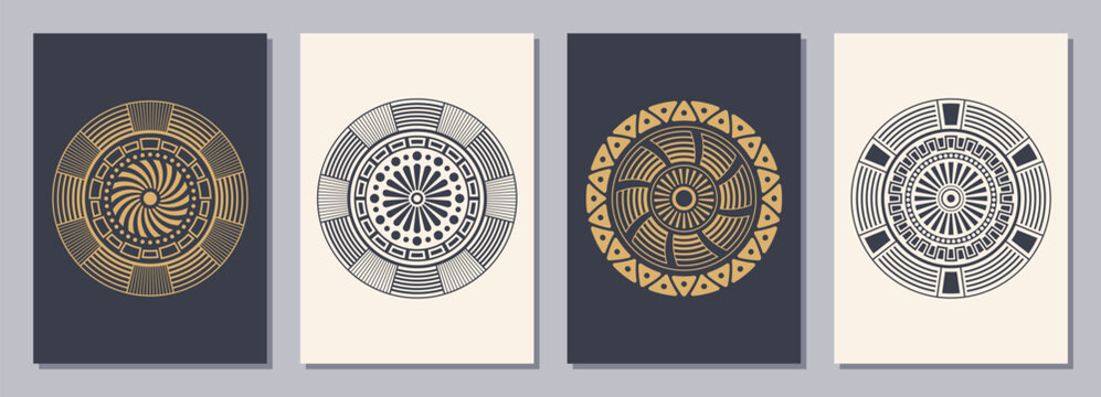 Set of flyers, posters, placards, brochure design templates A6 size with abstract circular geometric ornaments. Sacred, esoteric geometry symbols. Vertical color blanks with isolated ethnic symbols.