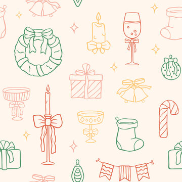 New Year pattern with hand drawn coquette elements. Seamless Xmas background with doodle graphics in pastel multicolor. Outline vector illustration. Vintage backdrop, wrapping design.
