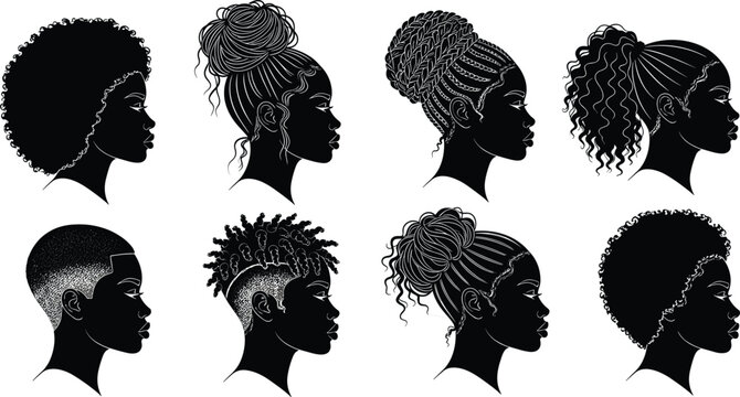 Black hairstyle silhouette set, afro, bun, braids, fade, locs, cultural hair art, profile view, black vector sketch