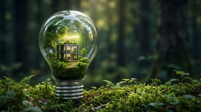 Green Eco Light Bulb with Modern Tiny House inside Forest Concept