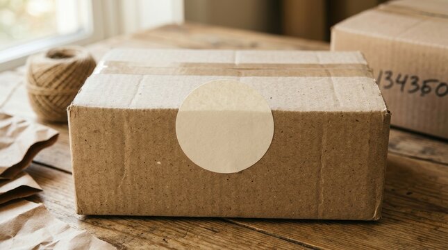 Cardboard shipping box with circular label on wooden table near twine