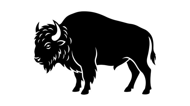 Simple black silhouette vector illustration of a majestic wild bison standing isolated on a white background for design projects