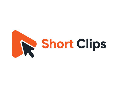 Short Clips video logo with play button and cursor icon, modern orange and black media branding, digital content creation vector