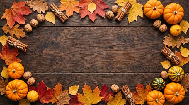 Thanksgiving autumn holiday background with pumpkins and leaves