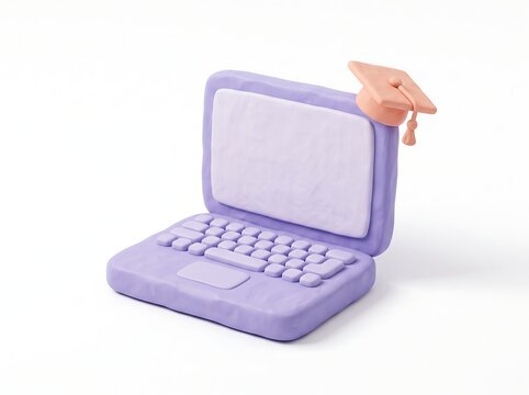 Lavender Laptop with Peach Graduation Cap 3D Clay Education Icon on White Background