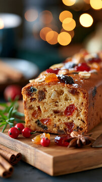 Festive Christmas fruitcake adorned with candied fruits and nuts, holiday decorations, with copy space