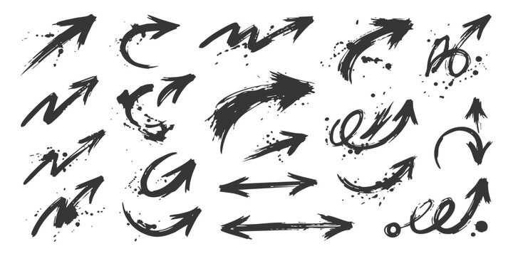 Set of hand drawn ink brush arrows with messy paint splatters and grunge textures for graphic design elements