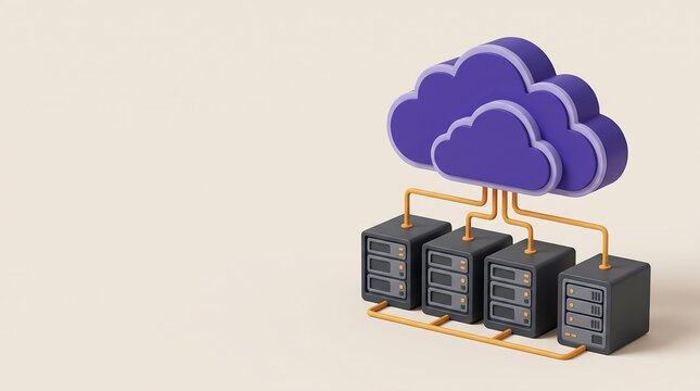 3d render of a purple cloud computing icon connected to multiple black server racks on beige background