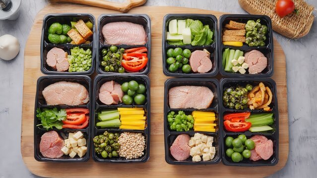 Weekly meal prep with chicken vegetables grains