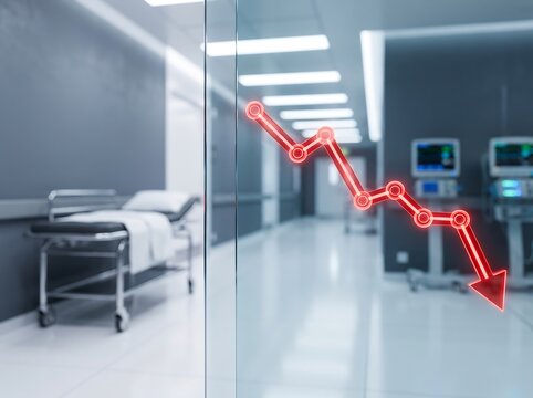 Red downward trend arrow graph on glass wall in modern hospital corridor with empty bed and medical monitors, healthcare decline, budget cuts, crisis and financial loss concept