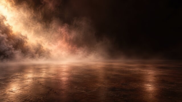 Dramatic smoke and mist clouds illuminated by warm orange fire light over dark cracked floor surface for cinematic background atmosphere and dramatic effect template.