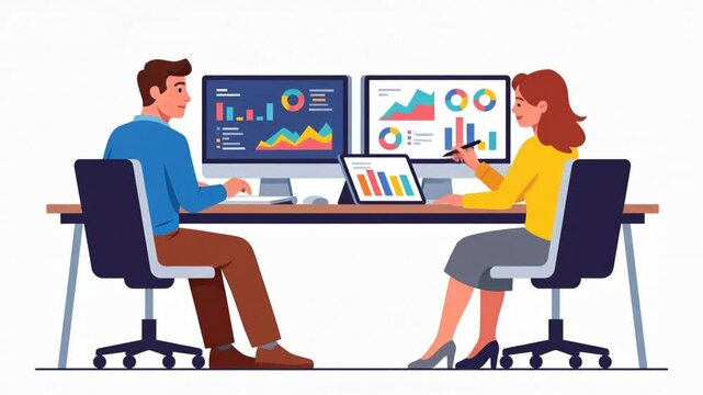 Flat vector illustration of a creative team collaborating in office, using computers and digital tools for data analysis, chart presentations, visualization, and strategic project planning, 4K video