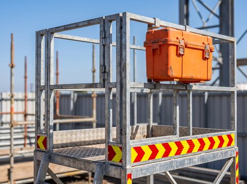 Modern galvanized steel scaffolding access platform with a bright orange heavy-duty tool chest mounted on the side, set against a clear blue sky at an industrial construction site.