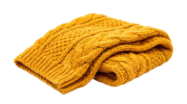 Mustard yellow knit scarf &mdash; Photorealistic mustard-yellow knit scarf, soft wool yarn, chunky textured stitches and neatly finished ends, cozy autumn accessory; gently folded three-quarter view,
