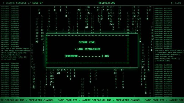 Green Secure Link Established Matrix Stream Decoding Console Animation.