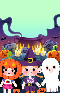 Halloween Poster Design with Copy Space, Cute Cartoon Kids, Pumpkins, Ghost and Witch Hat &ndash; Spooky Halloween Party Illustration