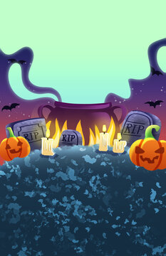 Spooky Halloween Graveyard Poster with Jack-o&rsquo;-Lantern Pumpkins, Glowing Candles and RIP Gravestones, Witch pot smoke Vertical Halloween Background with Copy Space