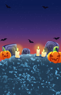 Spooky Halloween Graveyard Poster with Jack-o&rsquo;-Lantern Pumpkins, Glowing Candles and RIP Gravestones, Vertical Halloween Background with Copy Space