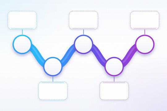 Modern 5 step zigzag wave timeline infographic diagram template with circle nodes for business workflow
