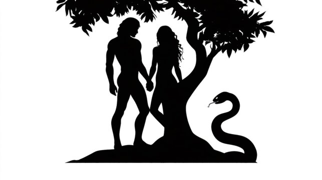 Adam and eve silhouettes hold hands beneath the tree of knowledge while a serpent coils on a branch, symbolizing temptation, choice and the fall in the garden of eden