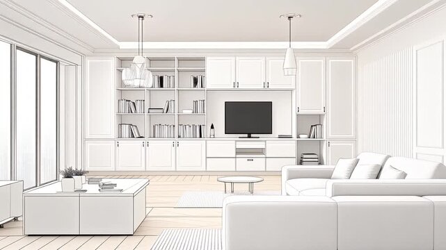 モノクロの建築設計線画からリアルな完成予想図へとシームレスにグラデーション変化するモダンで明るい高解像度インテリア空間の全景