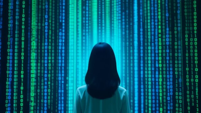 降り注ぐ巨大なデジタルコードの光と対峙する美人で美しい女性の後ろ姿が描く幻想的で圧倒的なサイバー空間全景