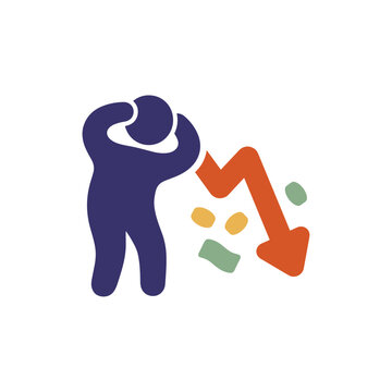 Depressed person holding head in hands while watching a red downward arrow and falling money.