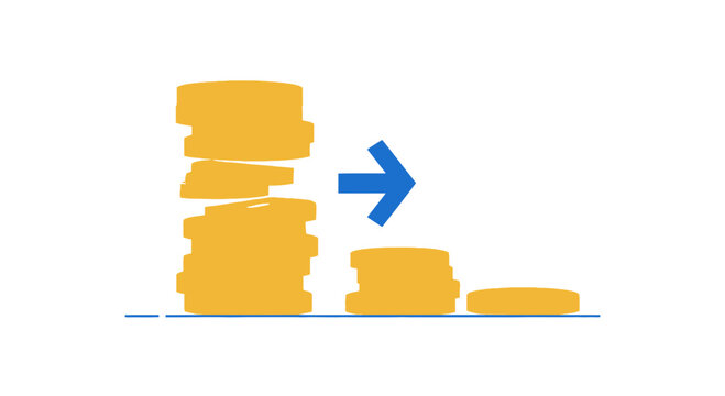 Financial Distribution Illustration of Gold Coins with Arrow Representing Money Flow and Budget Reduction