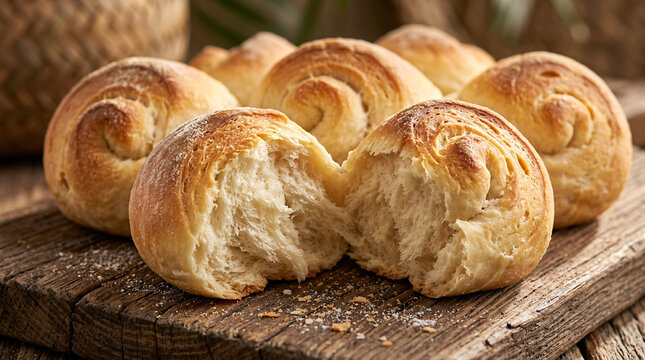 Soft golden spiral bread rolls with one freshly torn open to reveal a fluffy interior