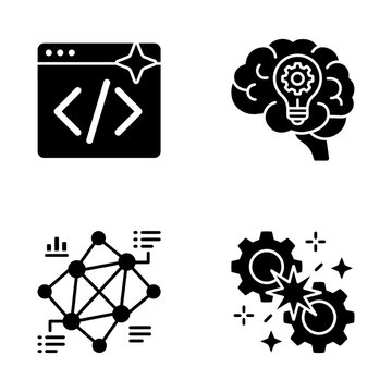 Icons representing software development, brain intelligence, network data analysis, and technical machinery operations.
