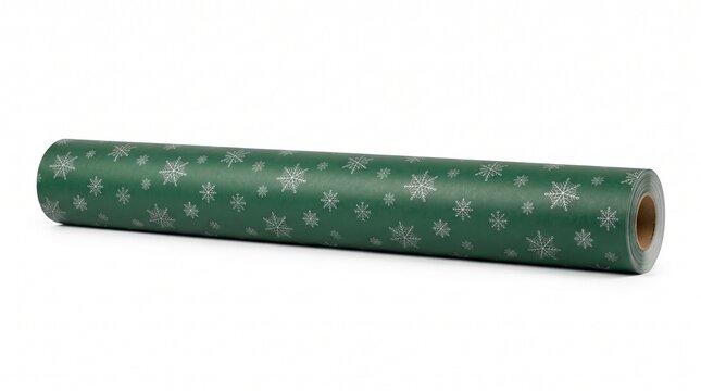 Roll of green christmas wrapping paper with silver snowflakes