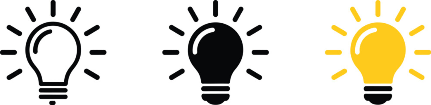 Lightbulb Icons in Three Variations with Flat Vector Illustration Style for Creative Ideas, Innovation, Inspiration, Technology and Modern User Interface Design