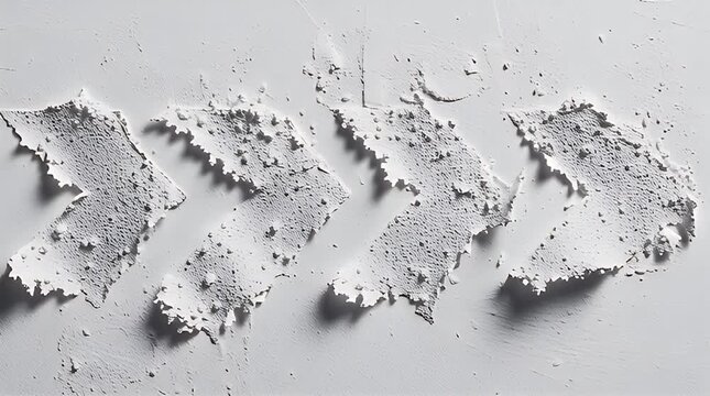 Textured, monochromatic artwork with peeling paint in arrow shapes pointing towards the right