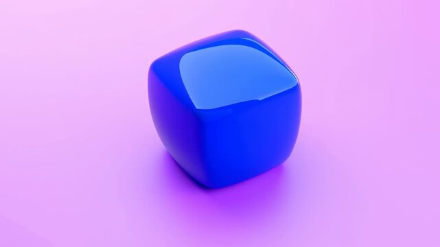 Glossy blue sphere morphs into rounded cube on pink and lilac surface, with shifting bright reflections, soft purple shadow, centered geometric form and spacious pastel background